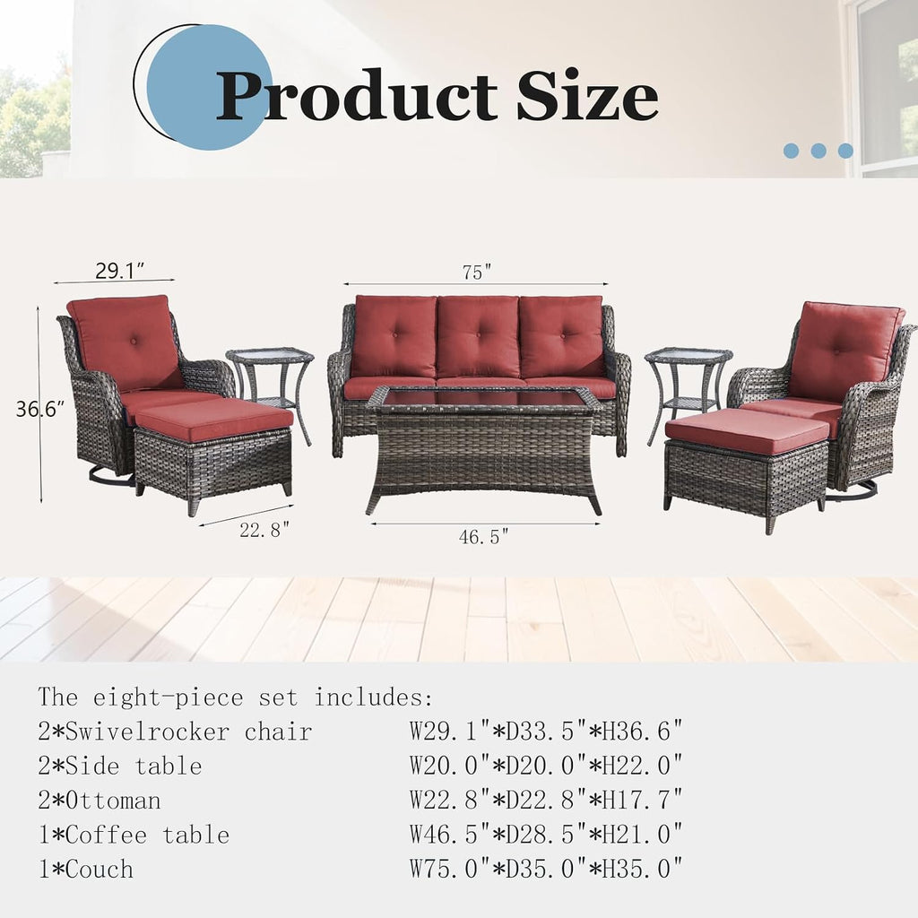 Outdoor Furniture Set：8 PCS Patio Furniture Set with Outdoor Swivel Rocker Patio Chairs, Grey/Red