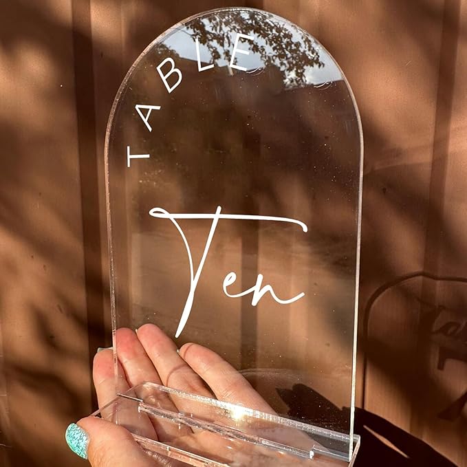 JINMURY Clear Arch Wedding Table Numbers 1-10 with Stands, 5x7 Inch Acrylic Arch Sign with White Lettering, Clear Acrylic Table Numbers for Wedding Reception