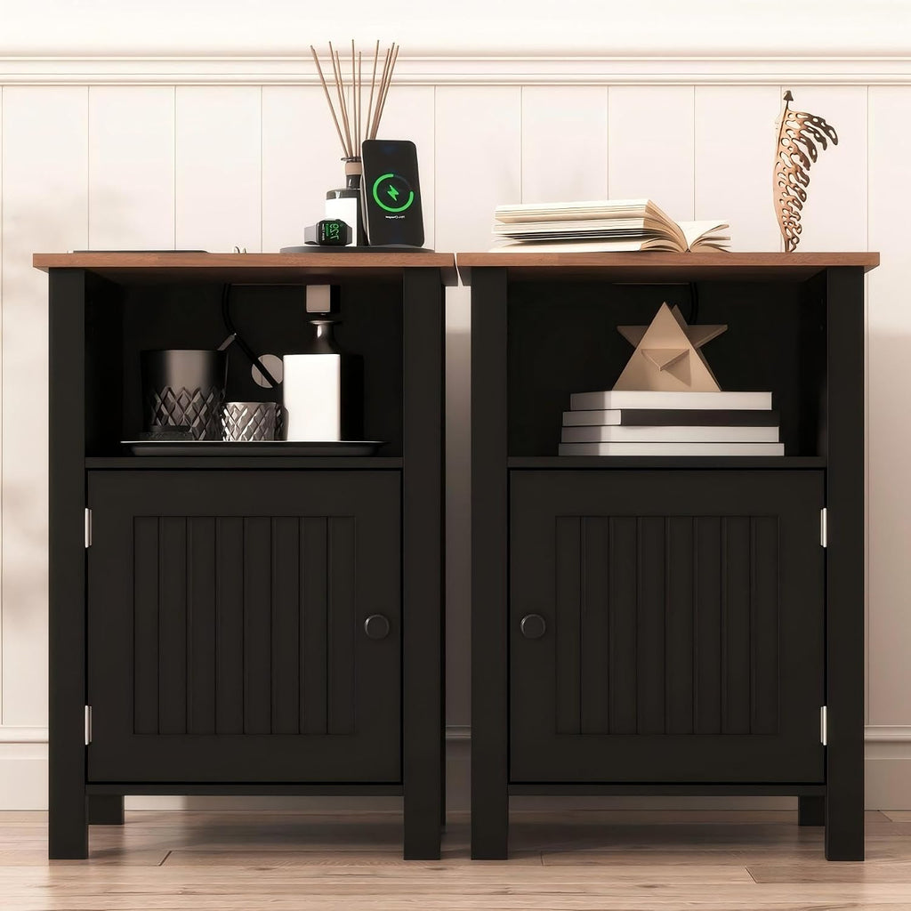 Furnify Nightstand with Charging Station, Night Stand Set of 2, Black | Farmhouse Rustic Night Stand with USB Ports & Open Storage Shelf, Modern Bedside Table with Door, Small End Table for Bedroom