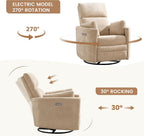 Power Recliner,Nursery Swivel Glider Rocking Chair with USB Port,Upholstered Adult Electric Recliner Rocking Chair with 2 Pillows for Living Room Bedroom (Khaki, Power-Driven)
