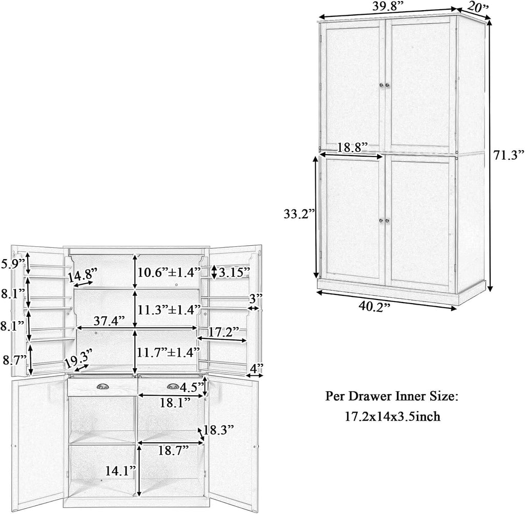 Litex 40.2" Wide Kitchen Pantry Cabinet, 71.3" Tall Freestanding Storage Cabinet with 2 Drawers, Adjustable Shelves & 8 Door Shelves, Large Farmhouse Kitchen Cupboard for Kitchen Dining Room (Gray)