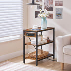 HOOBRO End Table with Charging Station, Side Table with 3 Tier Storage Shelf, Narrow Nightstand for Small Spaces, for Living Room, Bedroom, Easy Assembly, Rustic Brown and Black BF149UBZ01