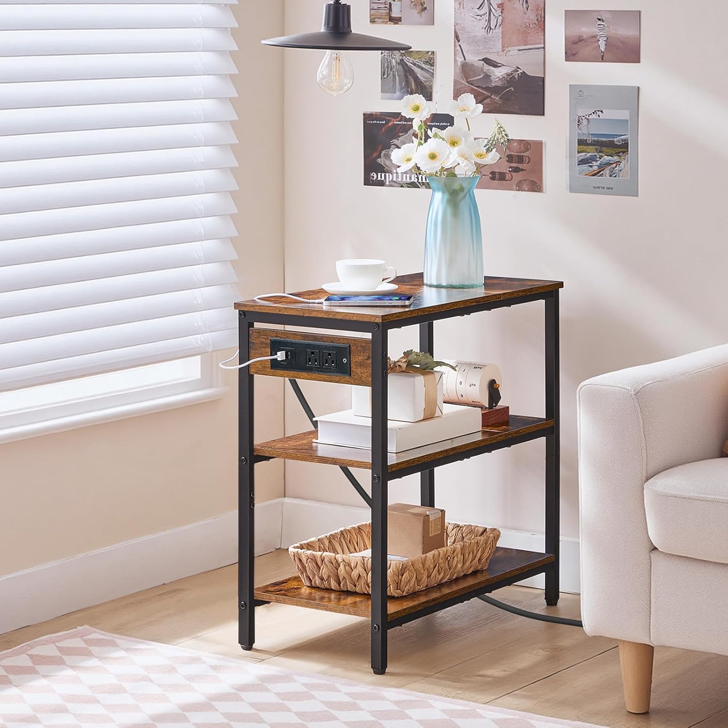 HOOBRO End Table with Charging Station, Side Table with 3 Tier Storage Shelf, Narrow Nightstand for Small Spaces, for Living Room, Bedroom, Easy Assembly, Rustic Brown and Black BF149UBZ01