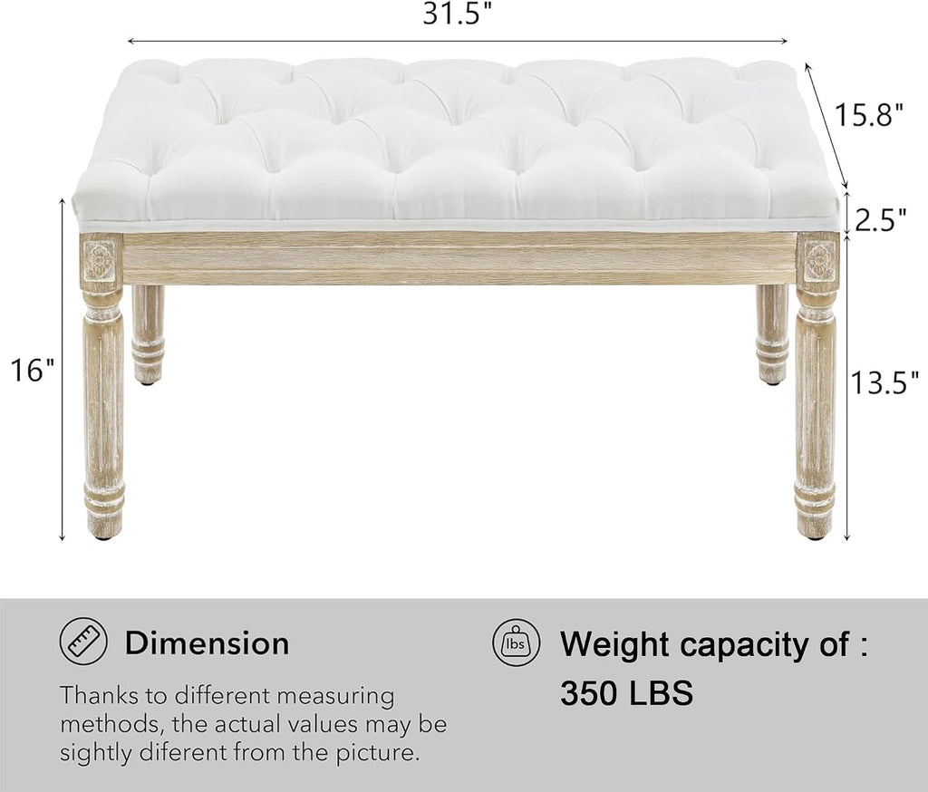 LOULENS French Vintage Bench, Linen Fabric Entryway Bench, Upholstered Tufted End of Bed Bench with Brushed Wood Legs, White