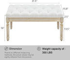LOULENS French Vintage Bench, Linen Fabric Entryway Bench, Upholstered Tufted End of Bed Bench with Brushed Wood Legs, White