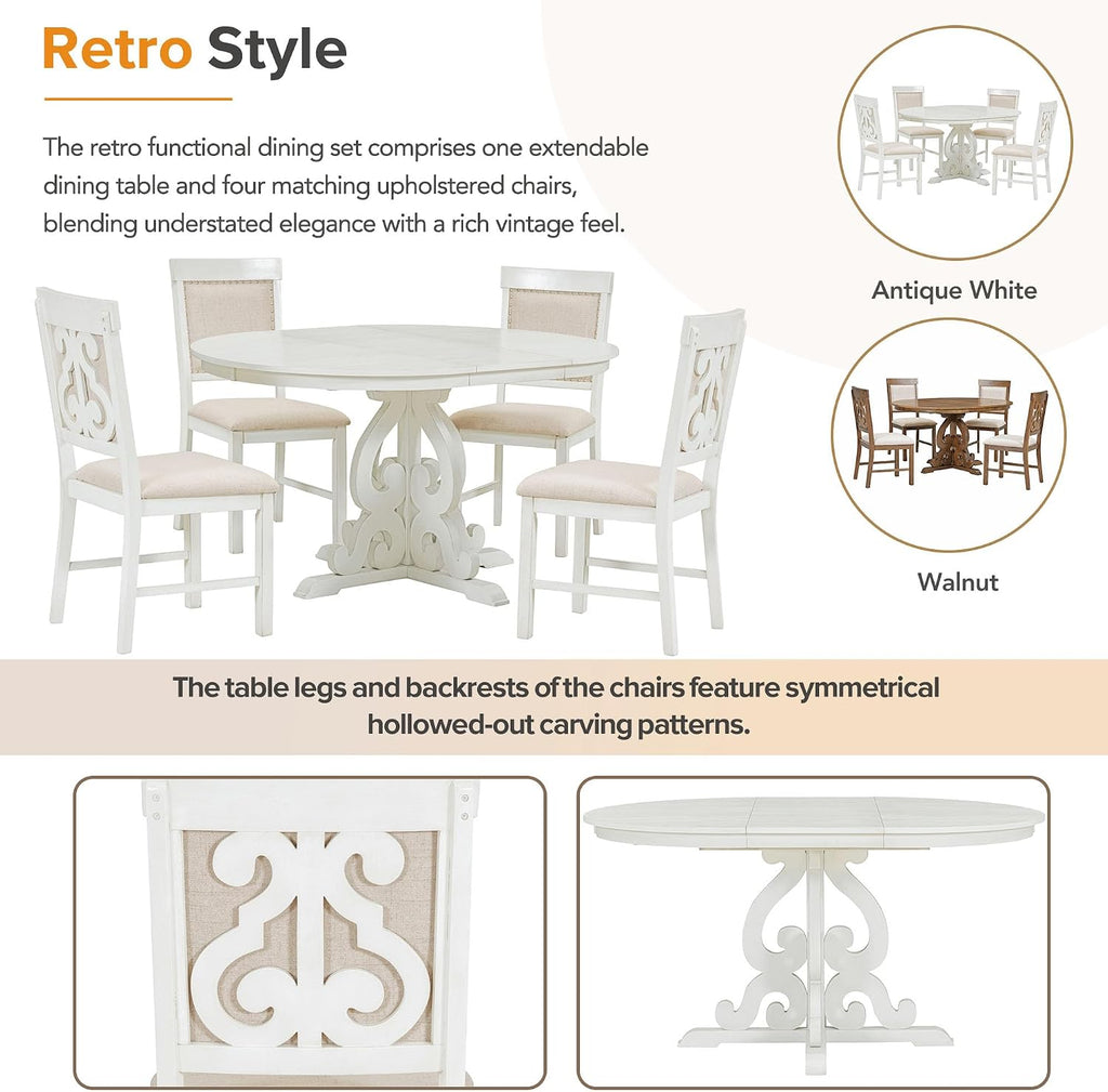 Extendable Dining Table Set for 4-6, Farmhouse Kitchen Table Set with Extendable Round Dining Table & 4 Upholstered Chairs, Solid Wood Table and Chairs Set for Kitchen, Dining Room, Antique White