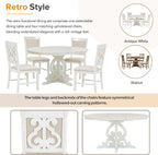 Extendable Dining Table Set for 4-6, Farmhouse Kitchen Table Set with Extendable Round Dining Table & 4 Upholstered Chairs, Solid Wood Table and Chairs Set for Kitchen, Dining Room, Antique White