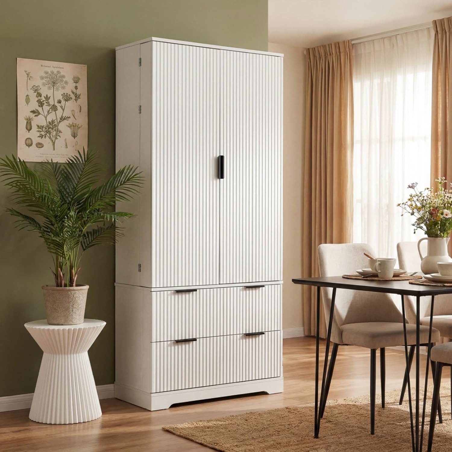 Hassyee 72" Modern Fluted Kitchen Pantry Cabinet with 2 Large Drawers & 8-Door Spice Rack, Freestanding Storage Organizer for Bathroom, Dining Room, Office, Entryway, White
