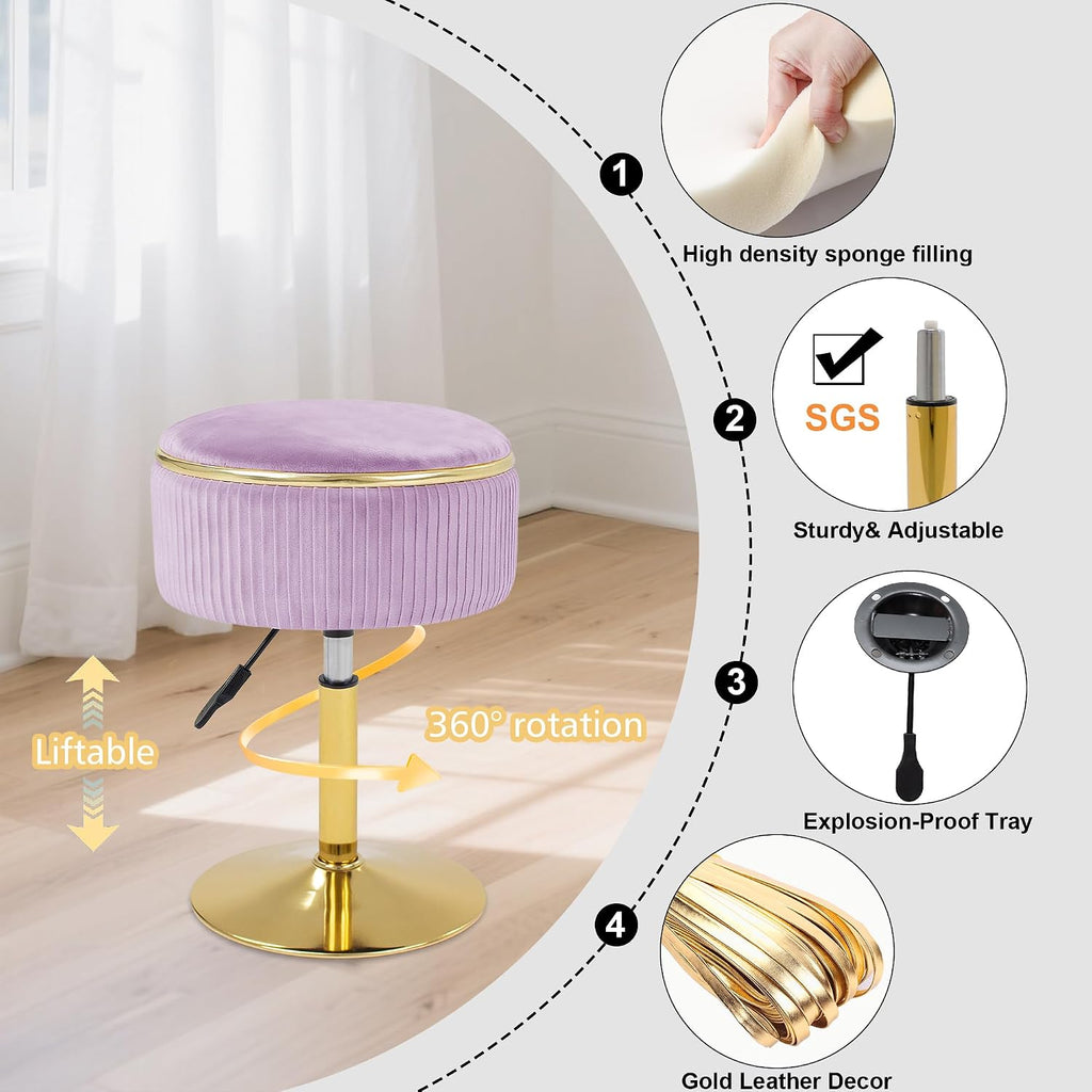 Adjustable Vanity Stool, Velvet Makeup Stool with Storage Purple | Small Vanity Chair, 360° Swivel Round Ottoman with Gold Base for Living Room, Bedroom