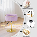 Adjustable Vanity Stool, Velvet Makeup Stool with Storage Purple | Small Vanity Chair, 360° Swivel Round Ottoman with Gold Base for Living Room, Bedroom