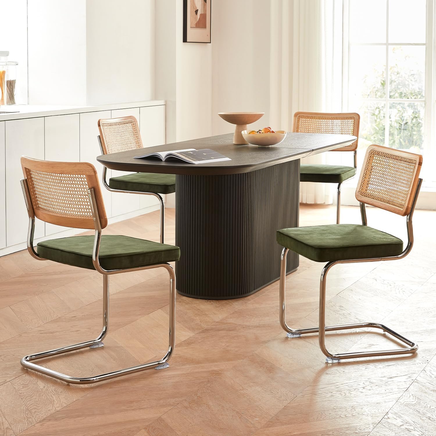 GrandNoor Rattan Dining Chairs Set of 4, Wooden Mid Century Modern Dining Room Chairs, Mesh Back Cane Kitchen Chair, Cesca Design Chairs with Metal Chrome Legs, Green