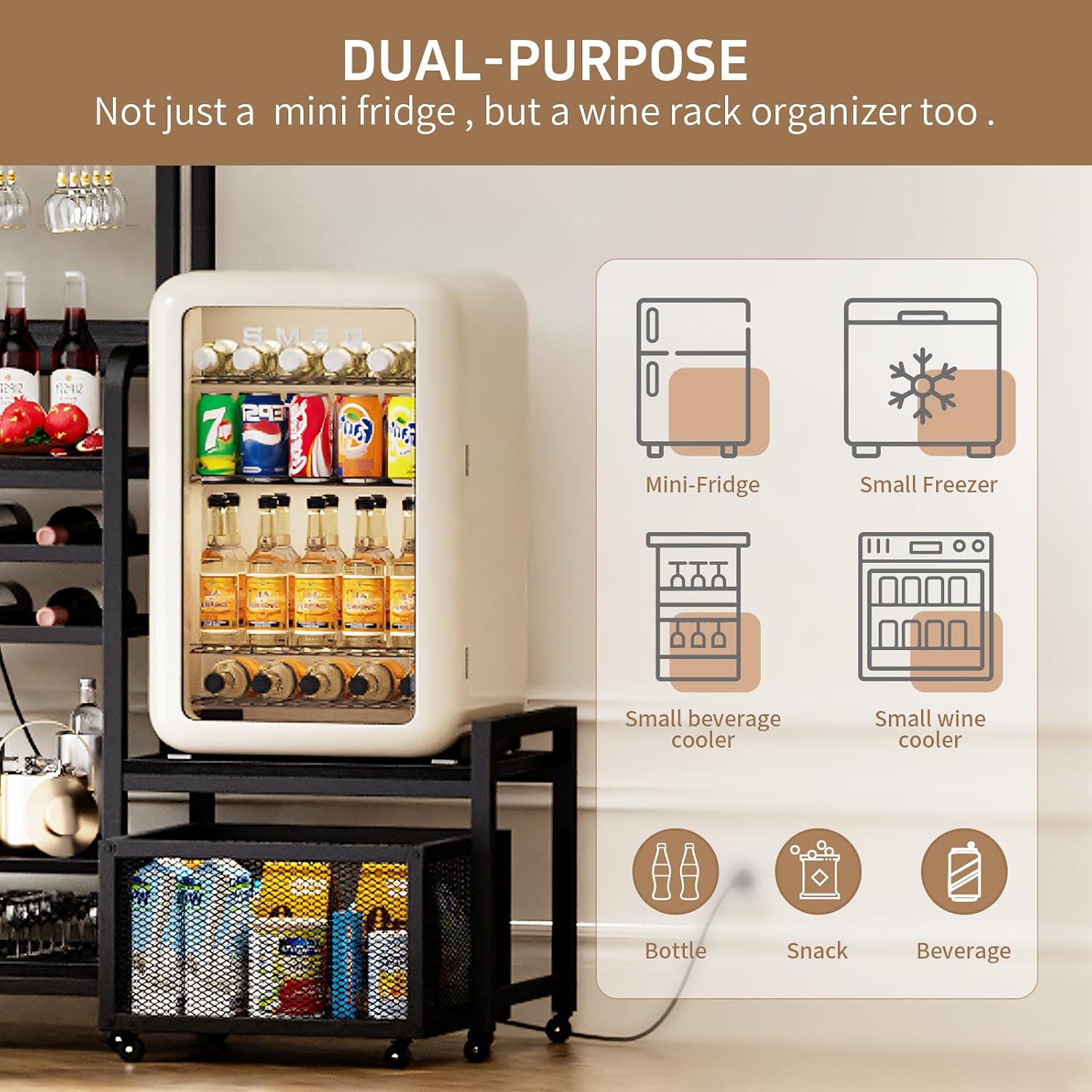 Mini Fridge Stand with Power Outlet, Microwave Stand with Wine Rack, Coffee bar with Removable Storage Baskets, Suitable for Dorm, Kitchen, Dining Area, Black