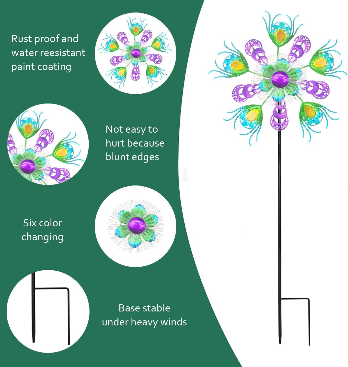 Solar Peacock Wind Spinners for Yard and Garden, 40 Inch Solar Windmill Garden Whirligig Kinetic Spinners Decor for Lawn,Patio&Yard, Metal Whirligigs Green Wind Spinners Outdoor