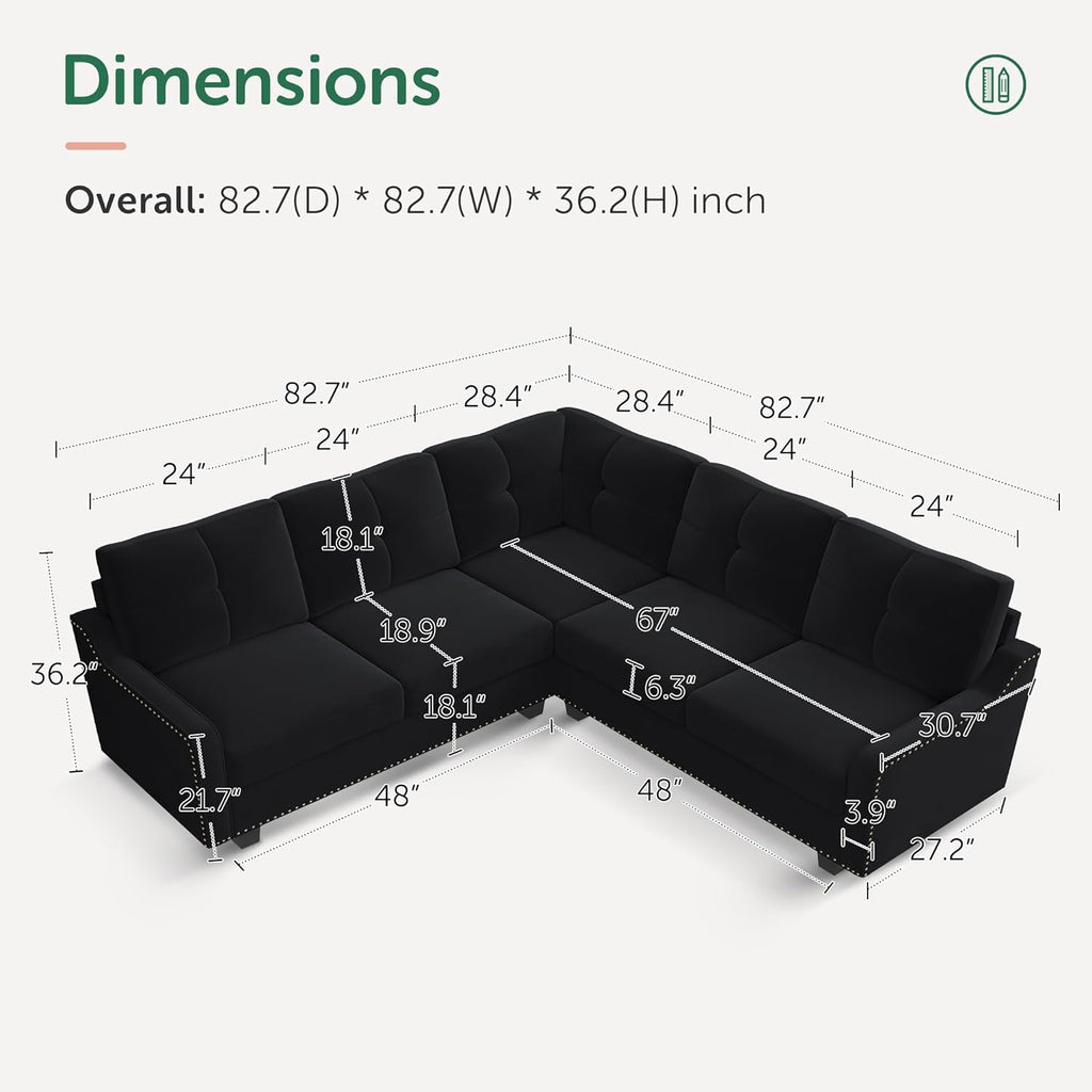 HONBAY Convertible Sectional Sofa L Shaped Couch,Velvet Black | Reversible Sectional Couch for Living Room for Small Apartment,Easy to transport and install