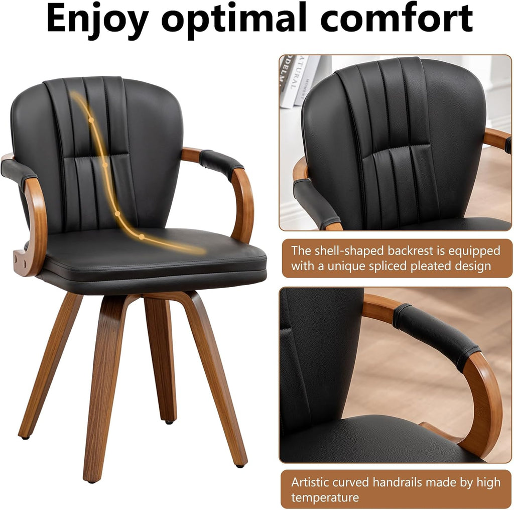 Swivel Dining Chairs Mid Century Modern Black Faux Leather Upholstered Kitchen Chairs with Bentwood Frame Armrests Side Chairs,Comfortable Ergonomic Wood Accent Chair No Wheels,1PCS