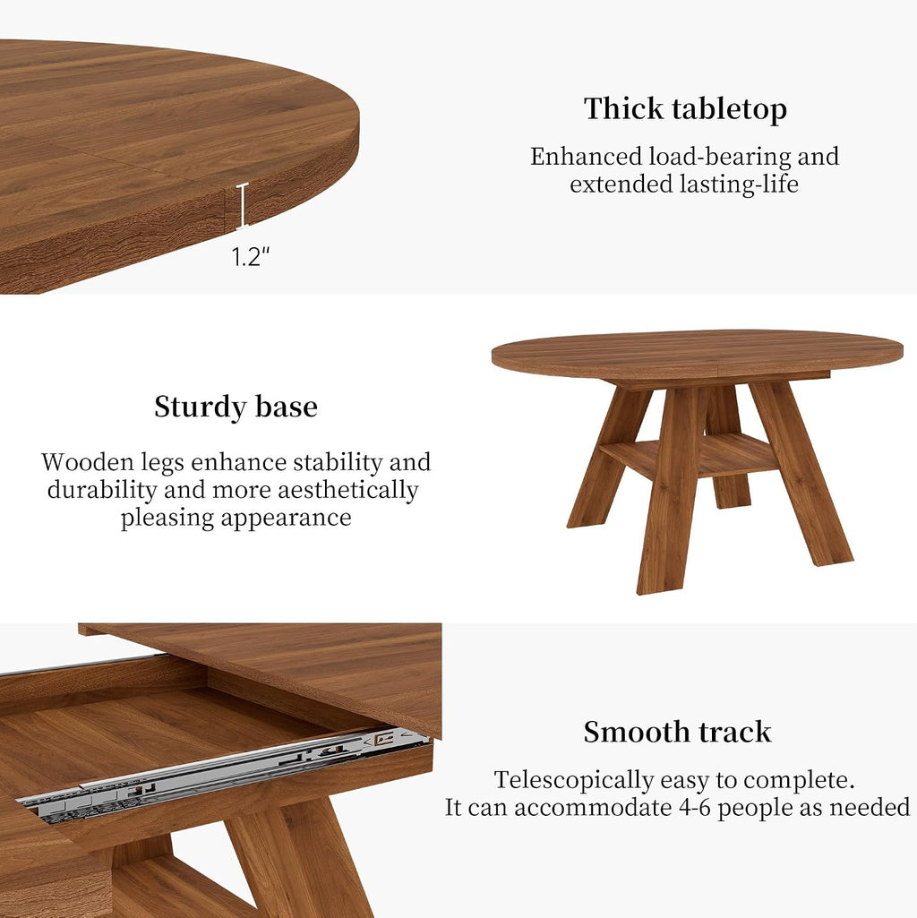 HIPIHOM 43"-59" Extendable Round Dining Table for 4-6, Walnut | Oval Kitchen Table for 4-6, Removable leaf & Storage Shelf, Space-saving for Kitchen, Living Room