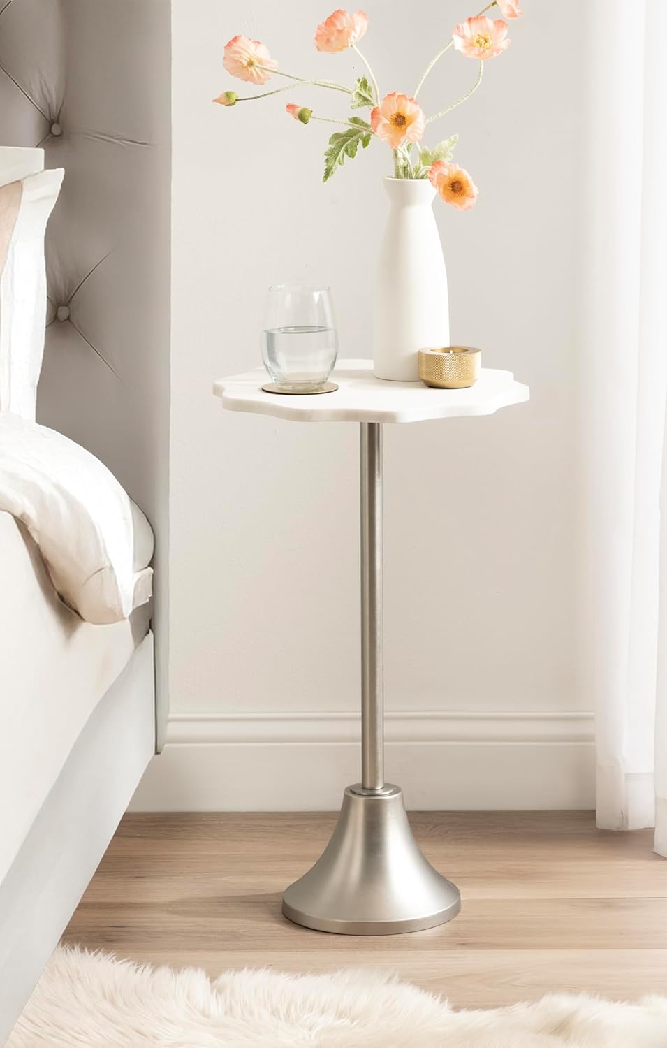 Kate and Laurel Sanzo Modern Pedestal Round Side Table, 14 x 14 x 24, White Marble and Silver, Decorative Circle End Table with Scalloped Marble Tabletop for Indoor Plant Stand or Bedroom Nightstand
