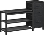 YATINEY Entryway Bench with Shoe Storage, 3-Tier Shoe Rack Bench with Wooden Shelves and 3 Non-Woven Drawers, PU Padded Shoe Storage Bench for Entryway, Bedroom, Black HX07BB