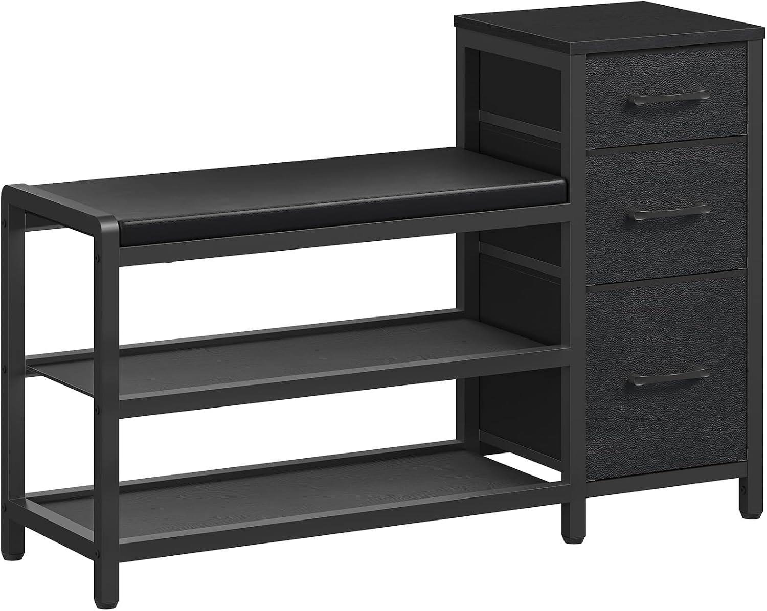 YATINEY Entryway Bench with Shoe Storage, 3-Tier Shoe Rack Bench with Wooden Shelves and 3 Non-Woven Drawers, PU Padded Shoe Storage Bench for Entryway, Bedroom, Black HX07BB