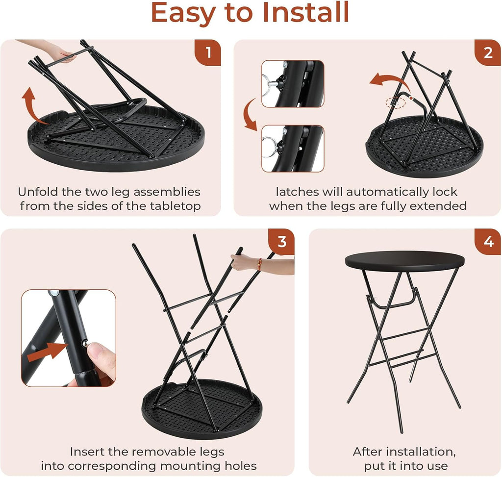 TLSUNNY 4Pcs 32" Folding Round Cocktail Table, High Top Bar Table, Black | Portable Folding Chair for Saving Space, with Locking Leg,Stable Crossbar,for Party, Commercial Events,Bistro,Indoor,Outdoor