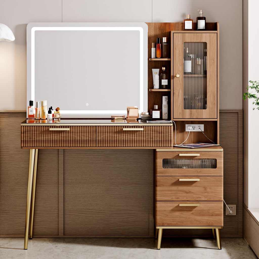 Arulvmrn Vanity Desk with 29.53" HD Lighted Mirror, 47.24" Big Modern Vanity Desk with Mirror and Lights, Makeup Vanity with 5 Drawers and Storage Shelves and Charging Station,B0F7QPHWWM
