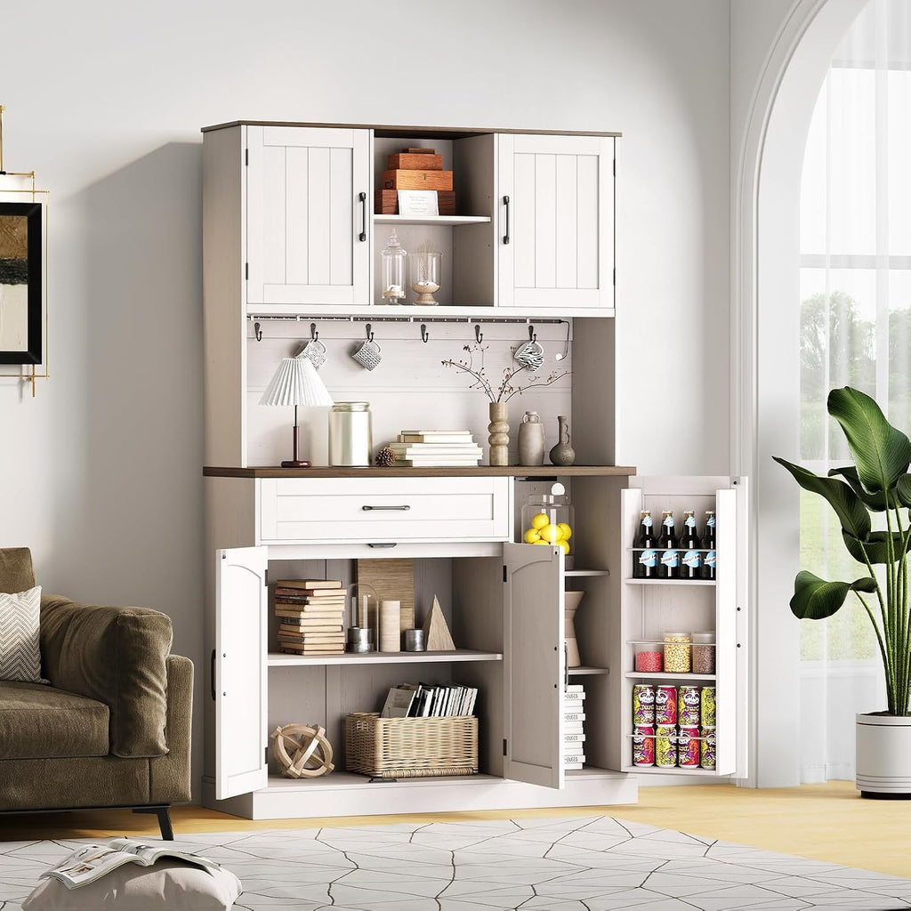 ONBRILL 71" Kitchen Pantry Cabinet with LED Light/Outlet, Off White+Walnut | Pantry Cabinet, Kitchen Hutch with Microwave Shelf & 6 Hooks, Door Shelves & Drawer & Adjustable Shelves, for Dining Room
