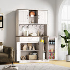 ONBRILL 71" Kitchen Pantry Cabinet with LED Light/Outlet, Off White+Walnut | Pantry Cabinet, Kitchen Hutch with Microwave Shelf & 6 Hooks, Door Shelves & Drawer & Adjustable Shelves, for Dining Room