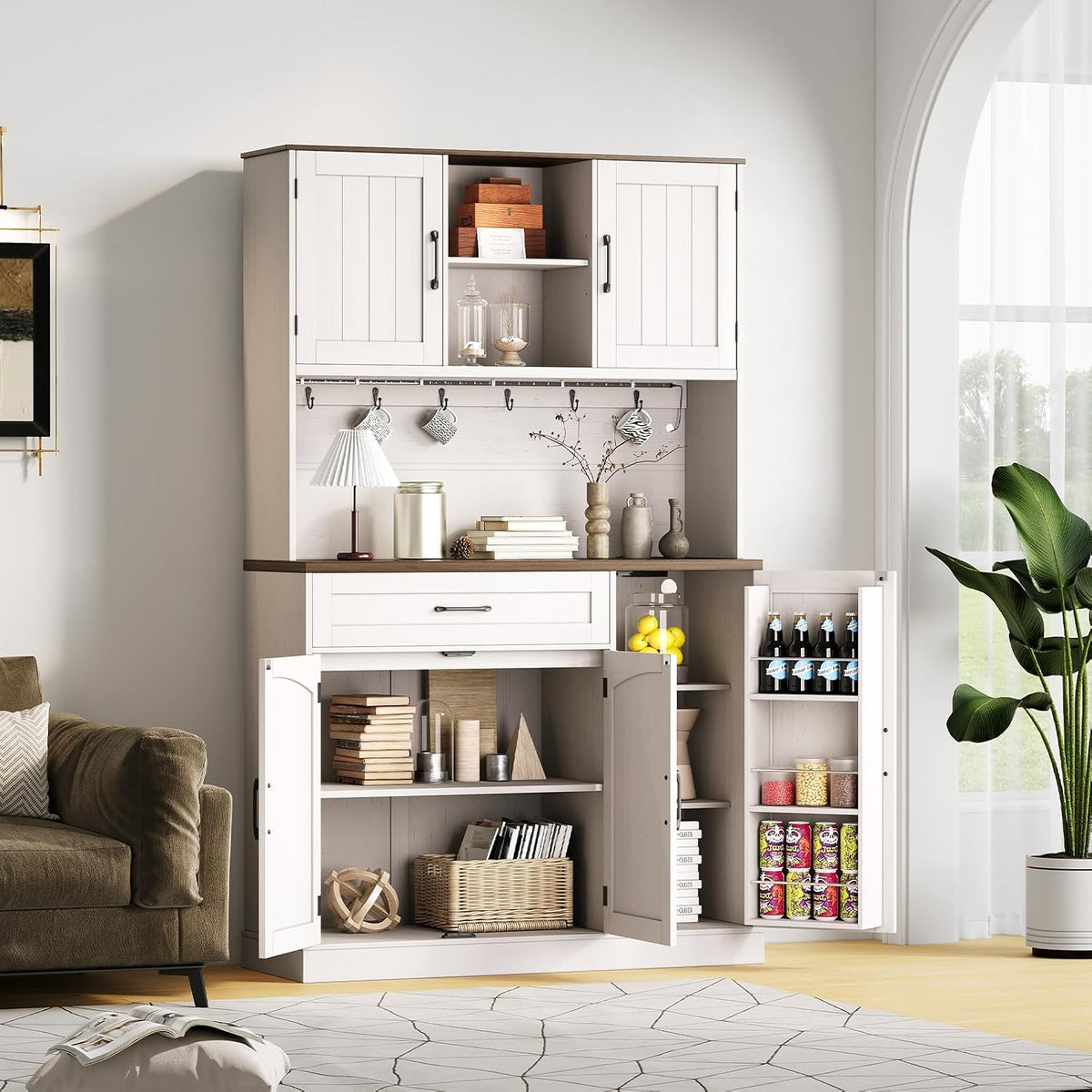ONBRILL 71" Kitchen Pantry Cabinet with LED Light/Outlet, Off White+Walnut | Pantry Cabinet, Kitchen Hutch with Microwave Shelf & 6 Hooks, Door Shelves & Drawer & Adjustable Shelves, for Dining Room