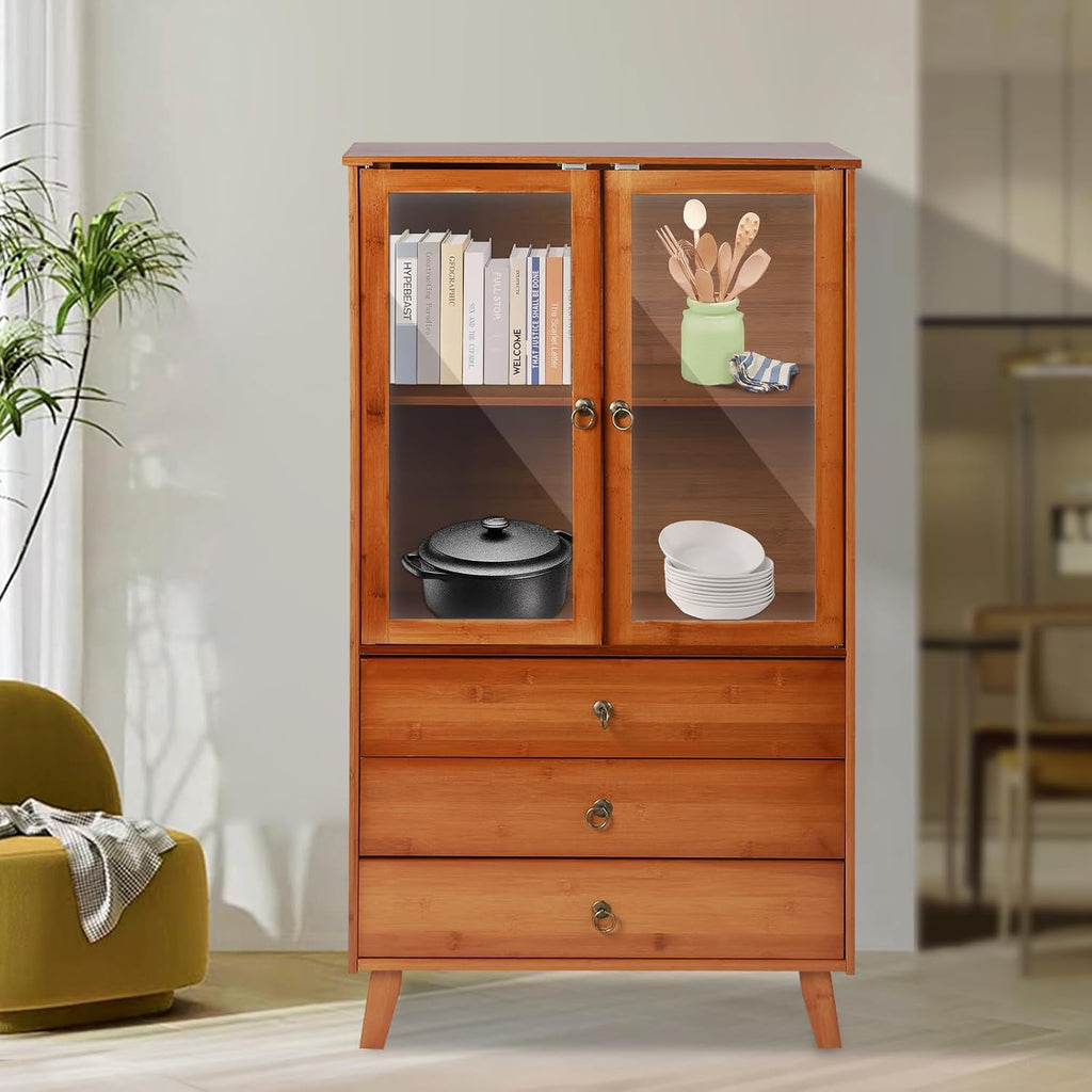 Kitchen Sideboard, Bamboo Pantry Dining Cupboard Buffet Cabinet Storage Cabinet with 2 Acrylic Doors for Living Room Dinning Room