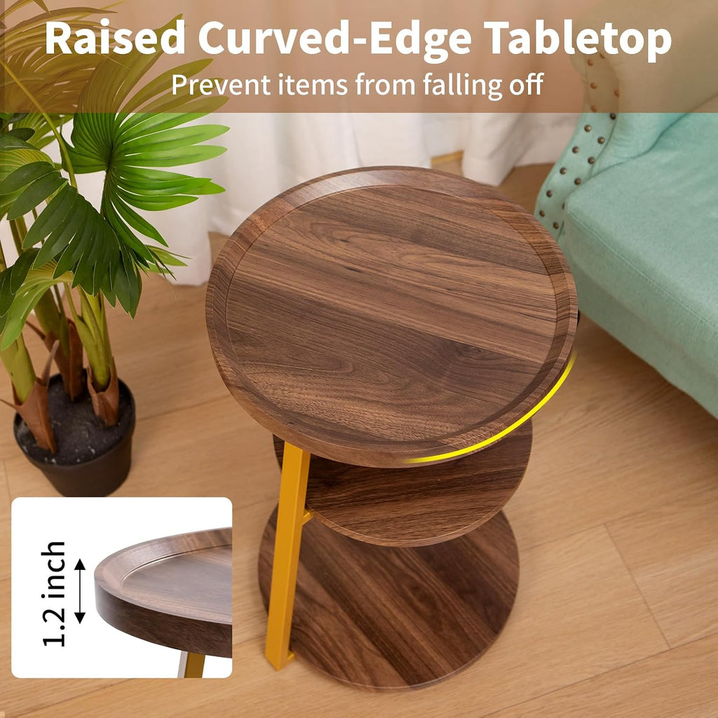 Small Round Side Table, 3-Tier End Table for Living Room, Wooden Nightstand Bedside Tables with Storage Shelf, Circle Accent Table for Bedroom, Office, Apartment (Walnut, Golden Frame)