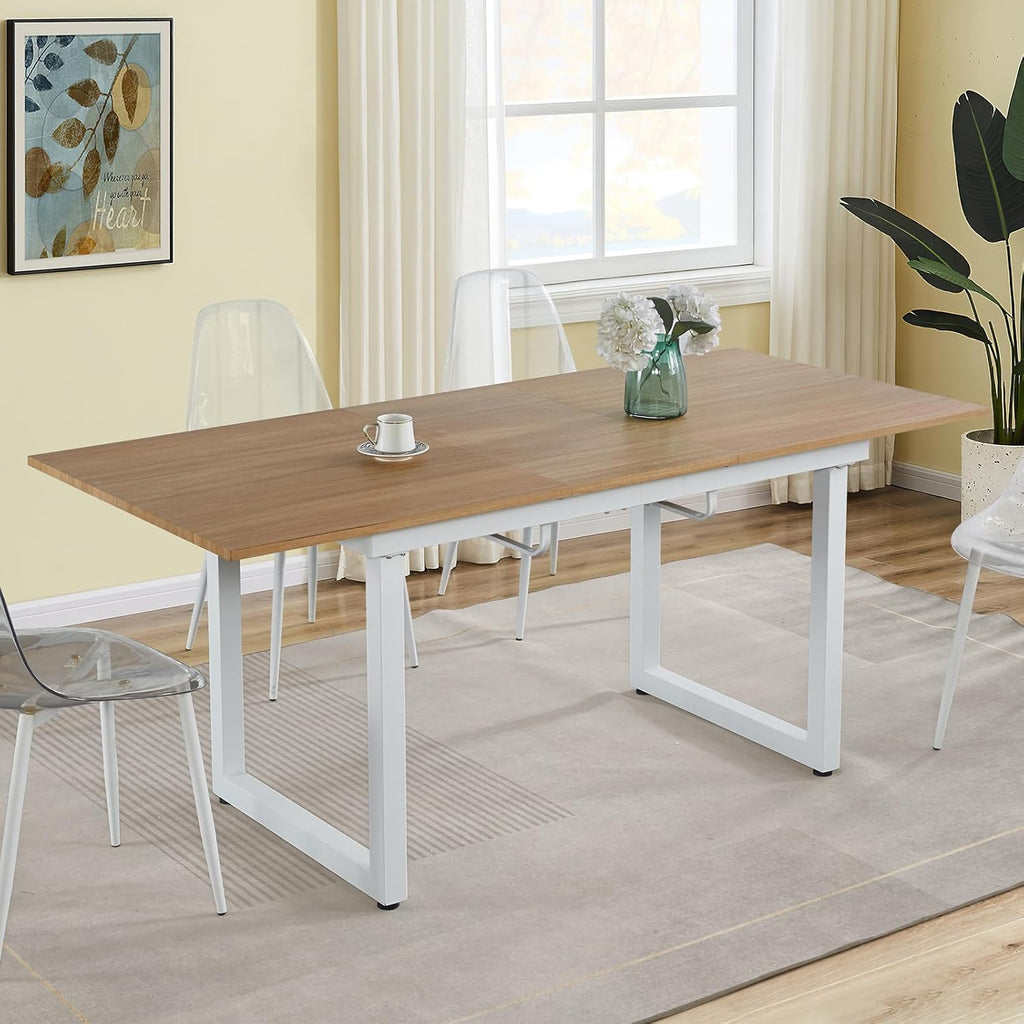 Extendable Dining Table for 4-8 Person, Extendable from 55" to 71", Modern Rectangle Dining Table with MDF Tabletop and Metal Frame, Expanding Kitchen Table for Home, Office (Natural Wood+White)