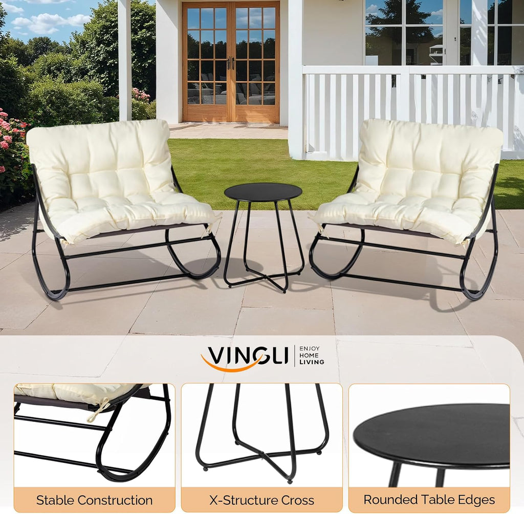 VINGLI Rocking Patio Chairs Set of 2 with Side Table, Heavy Duty 400 LBS Capacity, Padded Outdoor Indoor Rockers, White