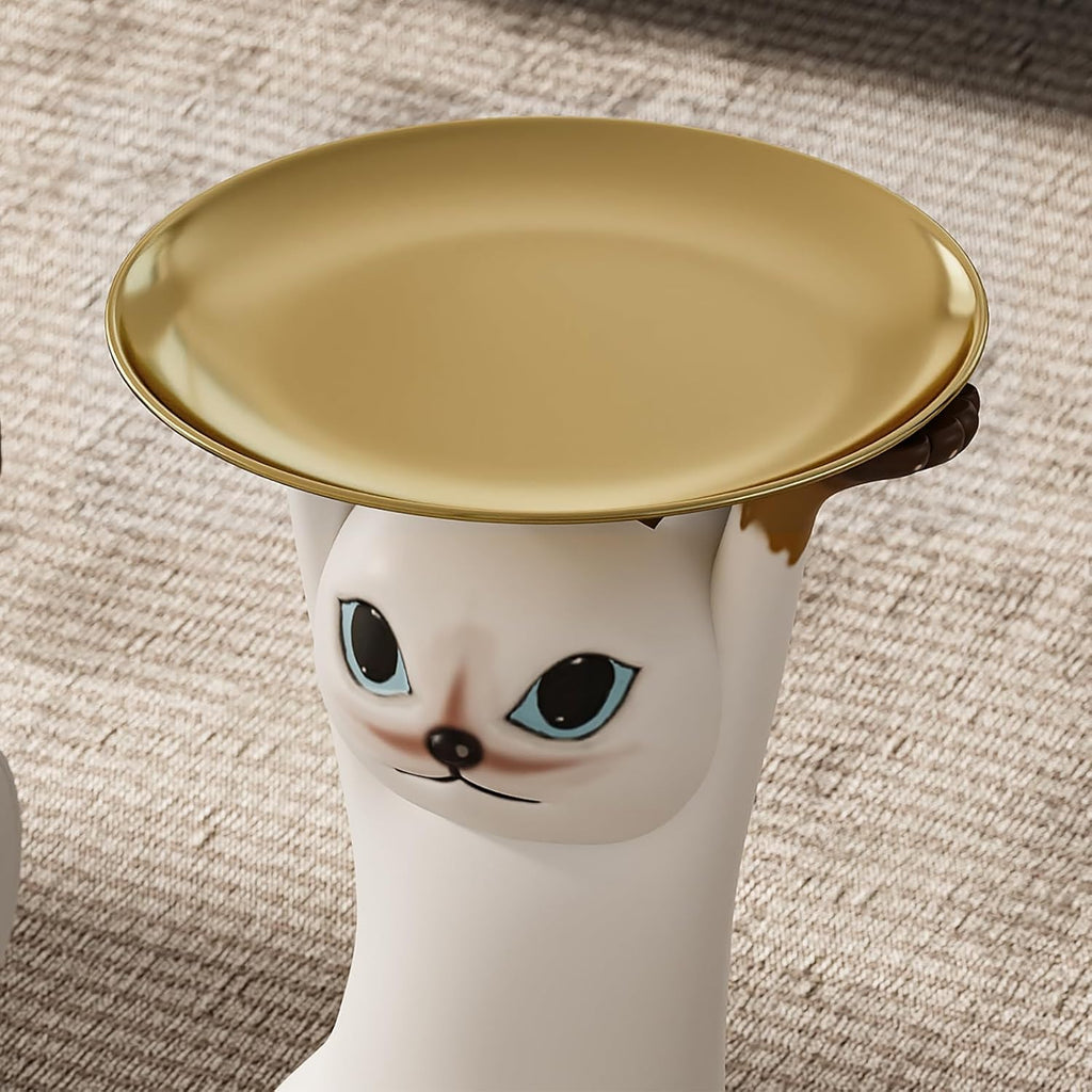homary Cat Side Table with Gold Tray – Resin Animal Figurine End Table, Small Coffee Table for Sofa Side, Living Room, Bedroom, or Entryway Decor (Cat-A)