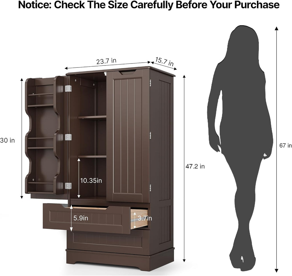 Gizoon 47'' Kitchen Pantry Cabinet with Drawers for Dining Room, Dark Brown | Small Food Pantry Storage Cabinet with 6 Door Shelves for Snacks and Spices, Craft Storage Cabinet for Craft Room