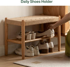 Solid Oak Shoe Bench Assembled, Farmhouse Shoe Rack Bench with Woven Rope Design for Entryway, Living Room, Bedroom, Hallway, 11.8" x 23.6" x 16.1", Natural