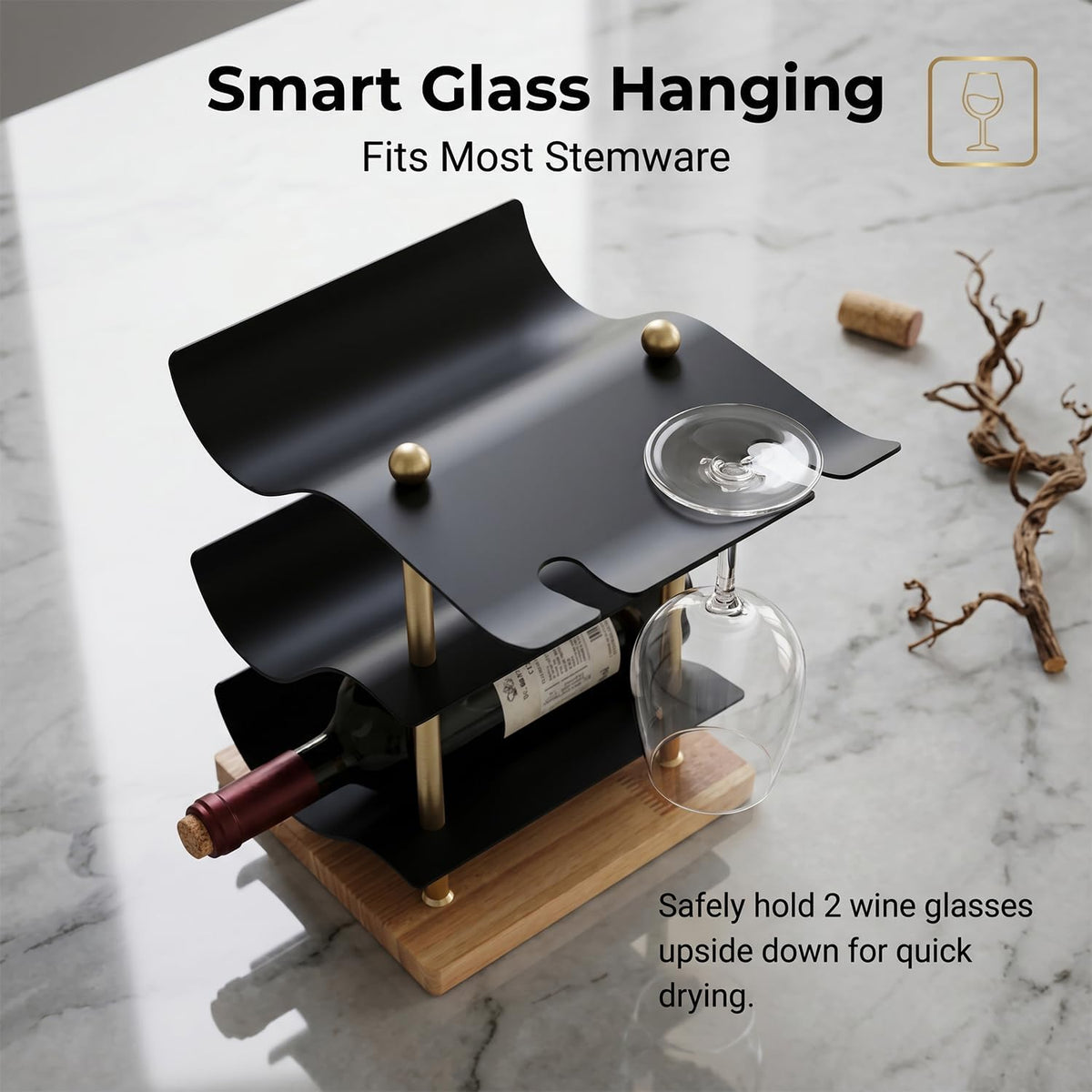 Modern Abstract Wine Rack, Black Metal Wine Holder with Wood Base, 3 Bottle Wine Display Stand for Countertop, Decorative Wine Rack for Home Bar Kitchen Decor, Unique Gift for Wine Lovers