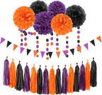 Black Purple Orange Halloween Party-Decorations - 23pcs Tissue Pom Poms Streamers,Tassel Garland Banner,Graduation 2025 Birthday Wedding Baby Bridal Shower Decor Bunting Lasting Surprise