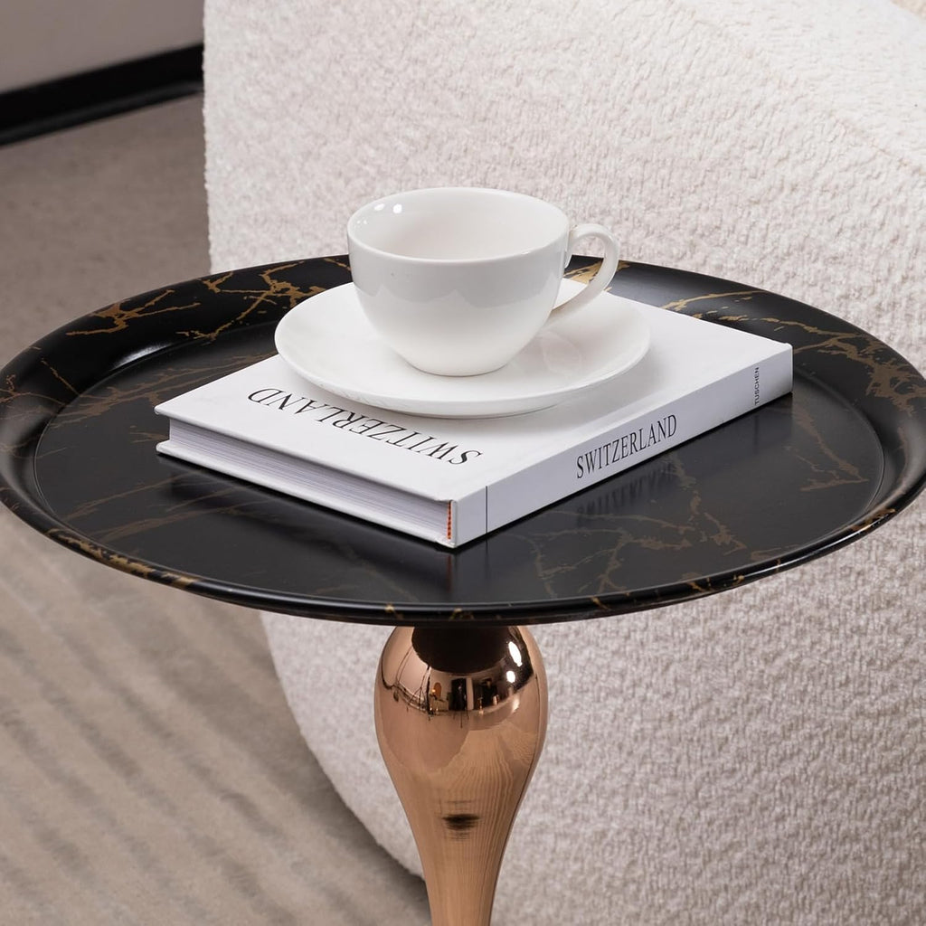 Metal Side Table, Modern Round Side End Table Metal Pedestal Side Table Coffee Table, Corner Accent Table Fluted Circle Decorative Drink Martini Table for Living Room (Black Marble)