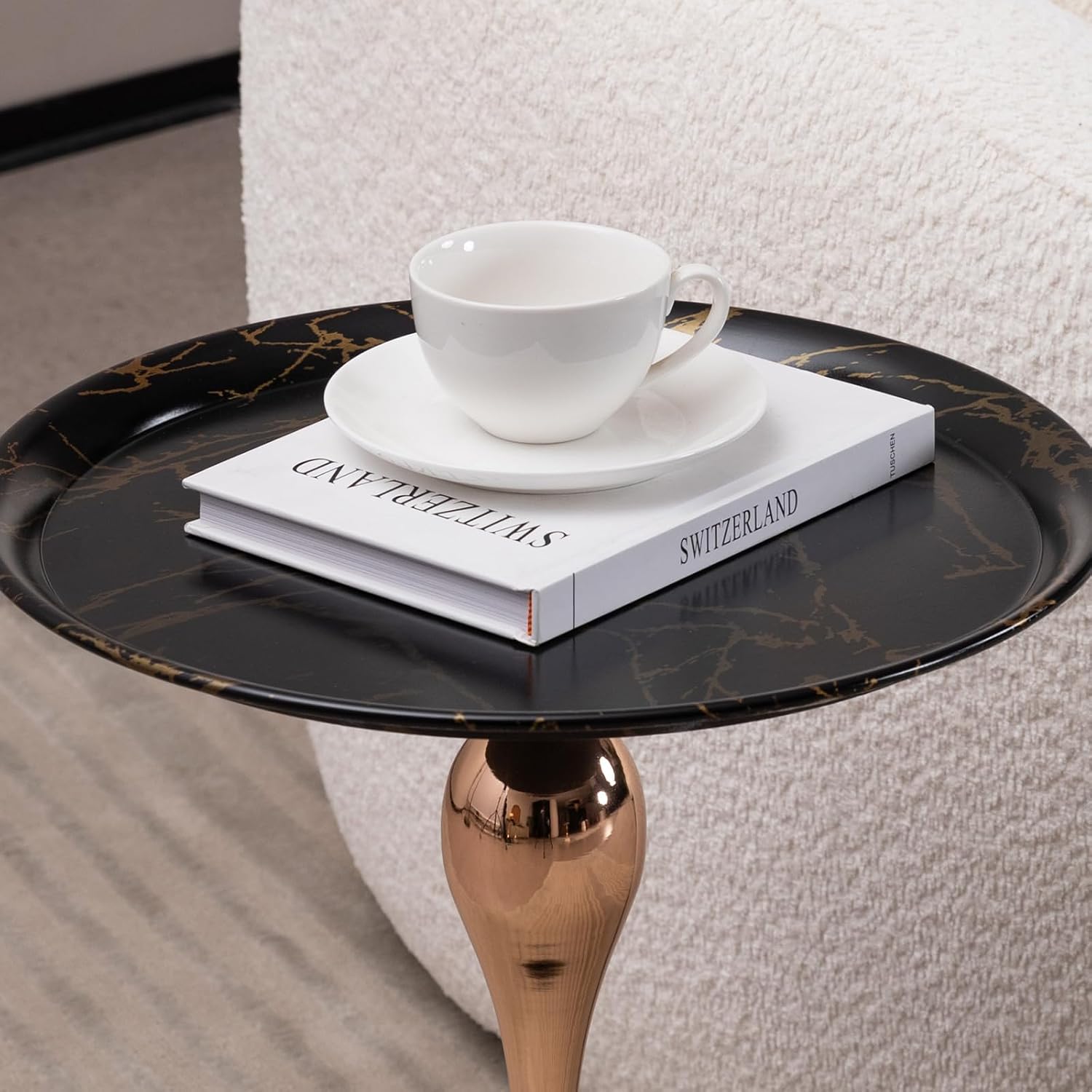Metal Side Table, Modern Round Side End Table Metal Pedestal Side Table Coffee Table, Corner Accent Table Fluted Circle Decorative Drink Martini Table for Living Room (Black Marble)