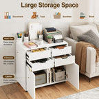 POWERSTONE Mobile File Cabinet with 4 Drawers & 2 Door, Rolling Under Desk Storage Chest with Lockable Wheels, Wood Printer Stand for Home Office Craft Room, White