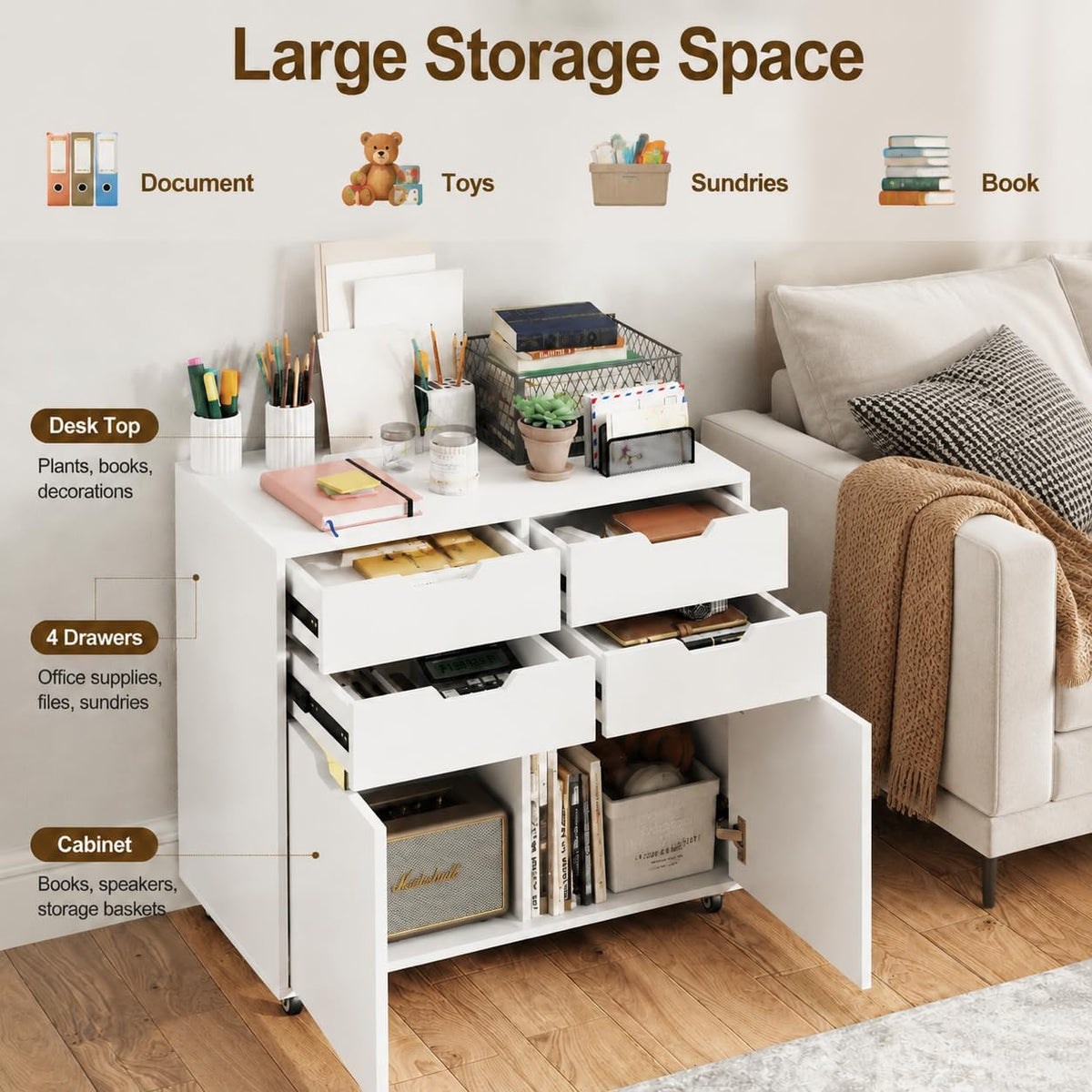 POWERSTONE Mobile File Cabinet with 4 Drawers & 2 Door, Rolling Under Desk Storage Chest with Lockable Wheels, Wood Printer Stand for Home Office Craft Room, White