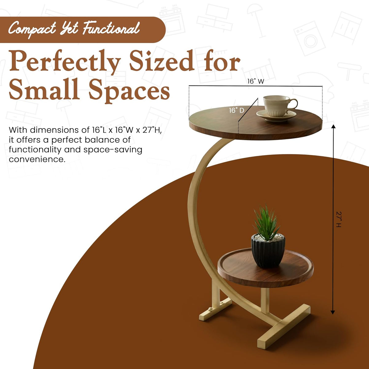 Kings Brand C-Shaped Side Table with 2-Tier Storage Shelf – Modern Round Wood Accent End Table with Gold Metal Frame, Space Saving Snack Laptop Table for Sofa, Couch, Living Room, Bedroom (Brown)