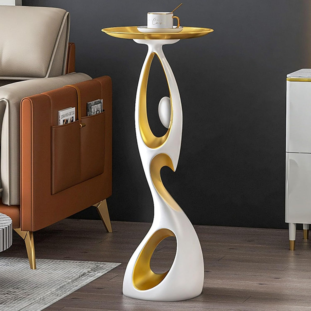 Modern Side Table with Metal Top,Resin End Table with Art Base,Round Bedside Table Coffee Table, Minimalist Accent Table,Small Space Drinking Table for Living Room Bedroom