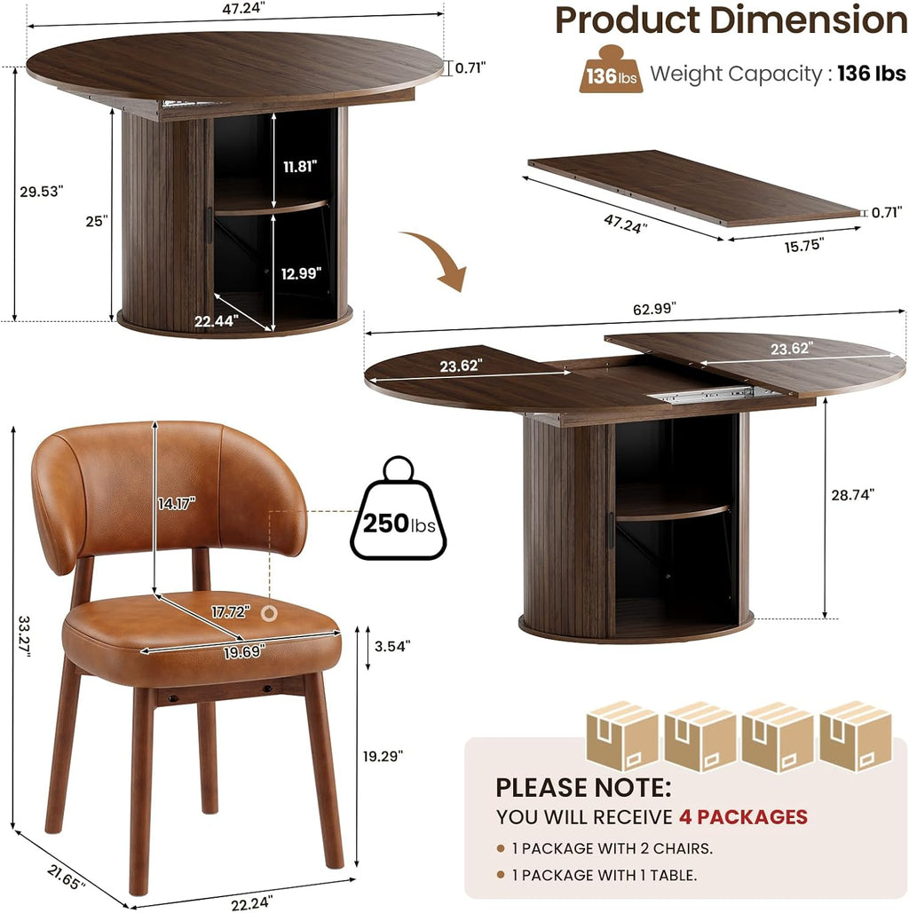 MALOL 47"-63" Extendable Round to Oval Dining Room Table Chairs Set for 4-8, Modern Wooden Kitchen Table and Chairs with Hidden Storage and Fluted Design for Dining Room/Small Space(Walnut and Brown)