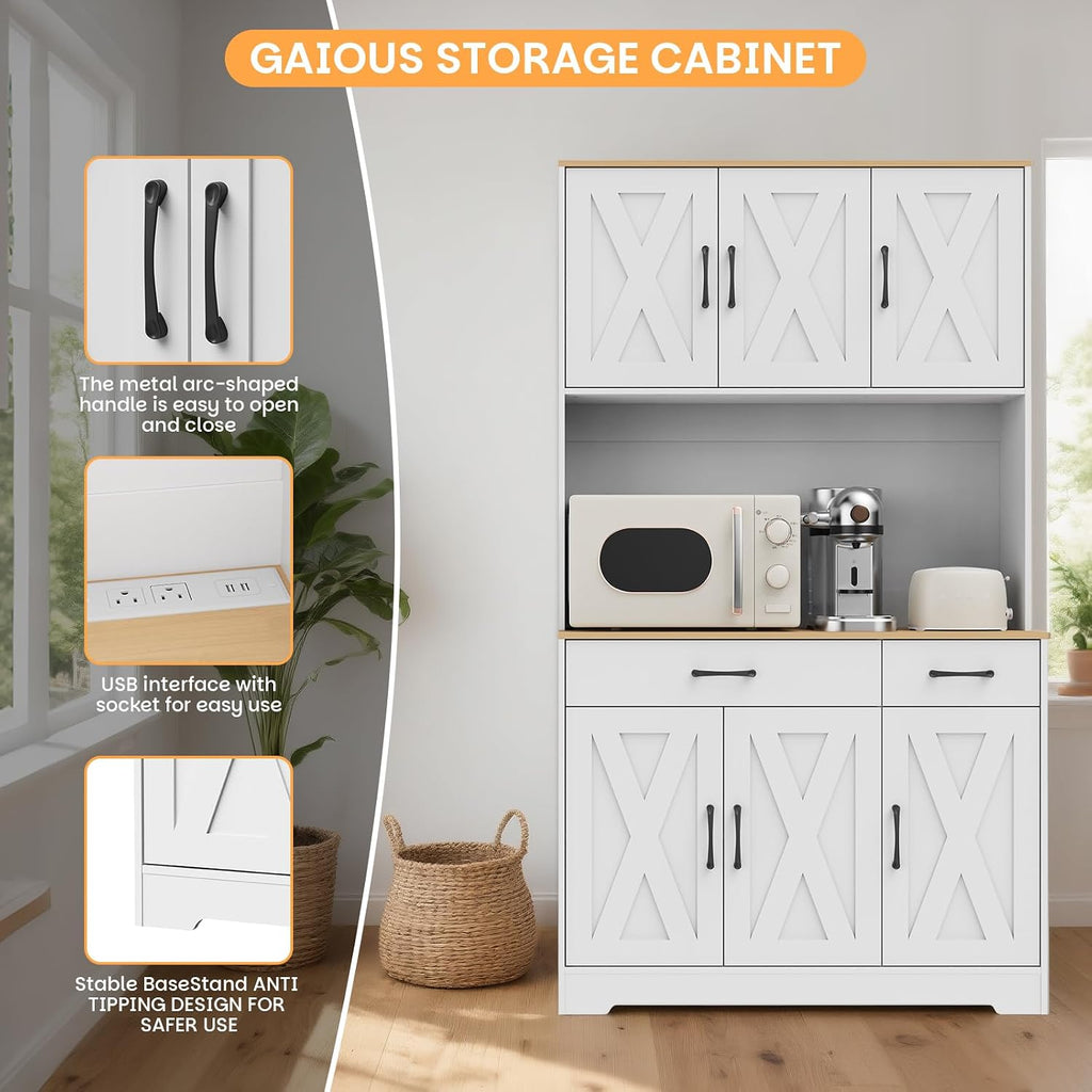 42" Tall Kitchen Pantry Storage Cabinet with Microwave Stand, with Charging Station, Farmhouse Food Pantry with Drawers for Living Room,Dining Room (White)