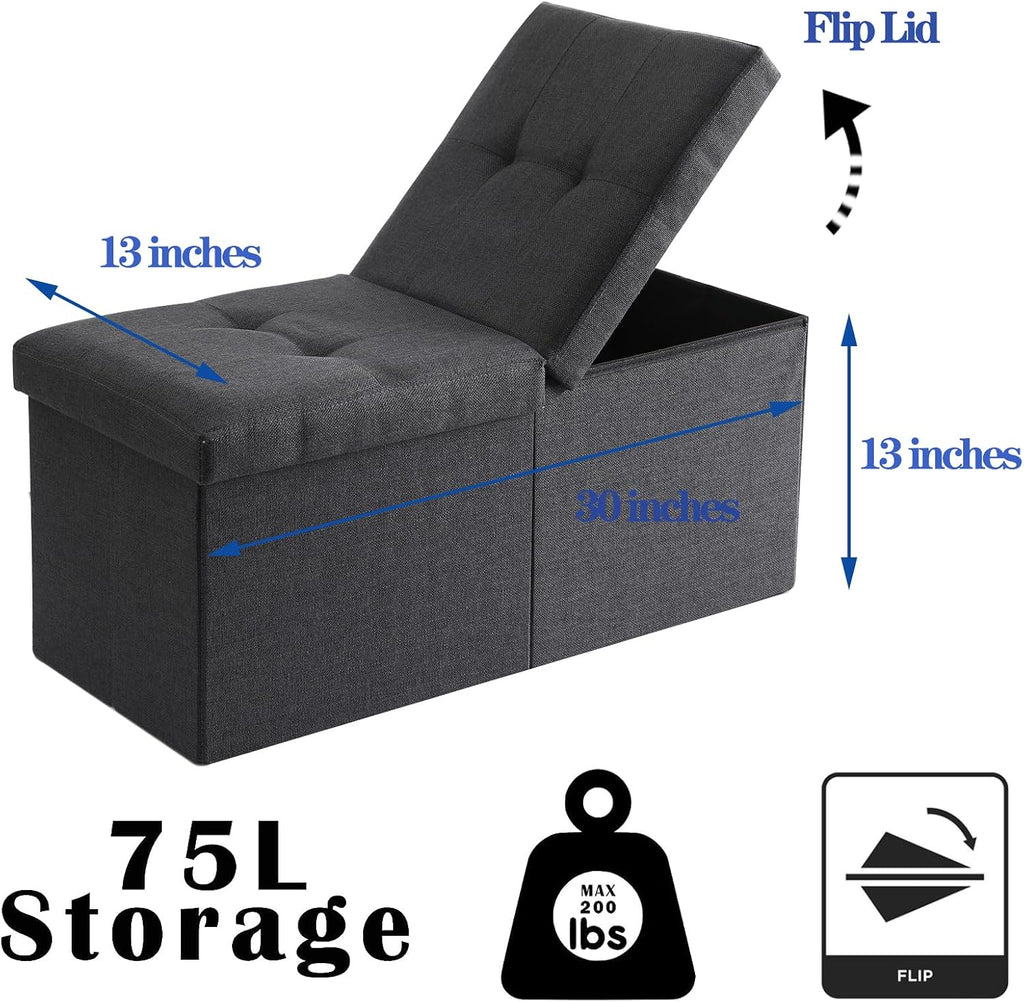 Storage Ottoman Bench Foldable Seat Footrest Shoe Bench End of Bed Storage with Flipping Lid, 75L Storage Space, 30 inches Linen Fabric Dark Grey