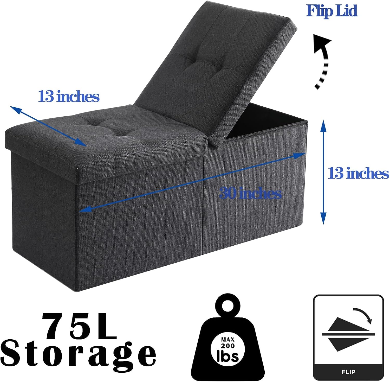 Storage Ottoman Bench Foldable Seat Footrest Shoe Bench End of Bed Storage with Flipping Lid, 75L Storage Space, 30 inches Linen Fabric Dark Grey