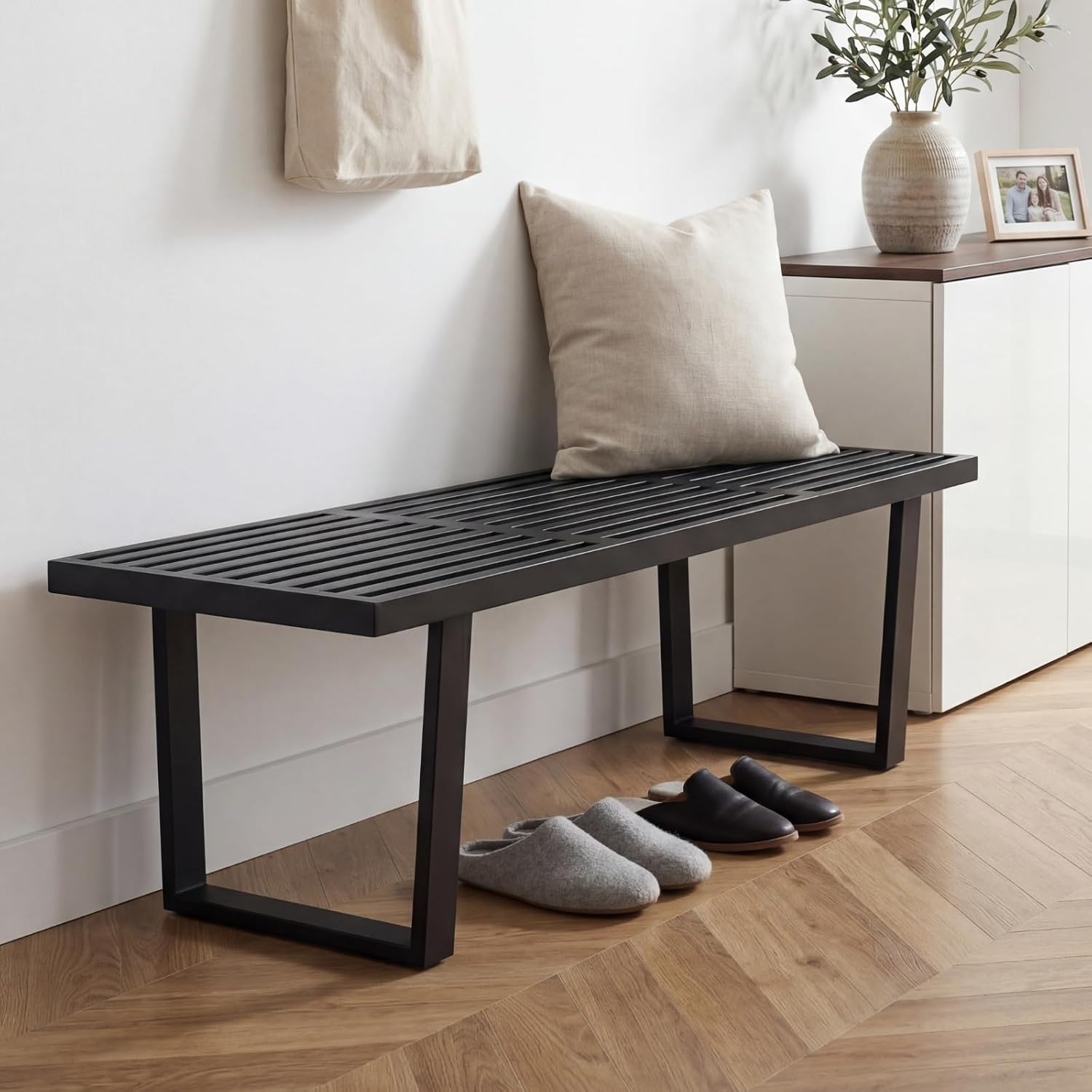 Wooden Dining Bench 55”Industrial Entryway Bench, Modern End of Bed Bench for Bedroom/Hallway, Black Solid Wood Bench with W/Metal Legs for Dining Room/Living Room, Kitchen