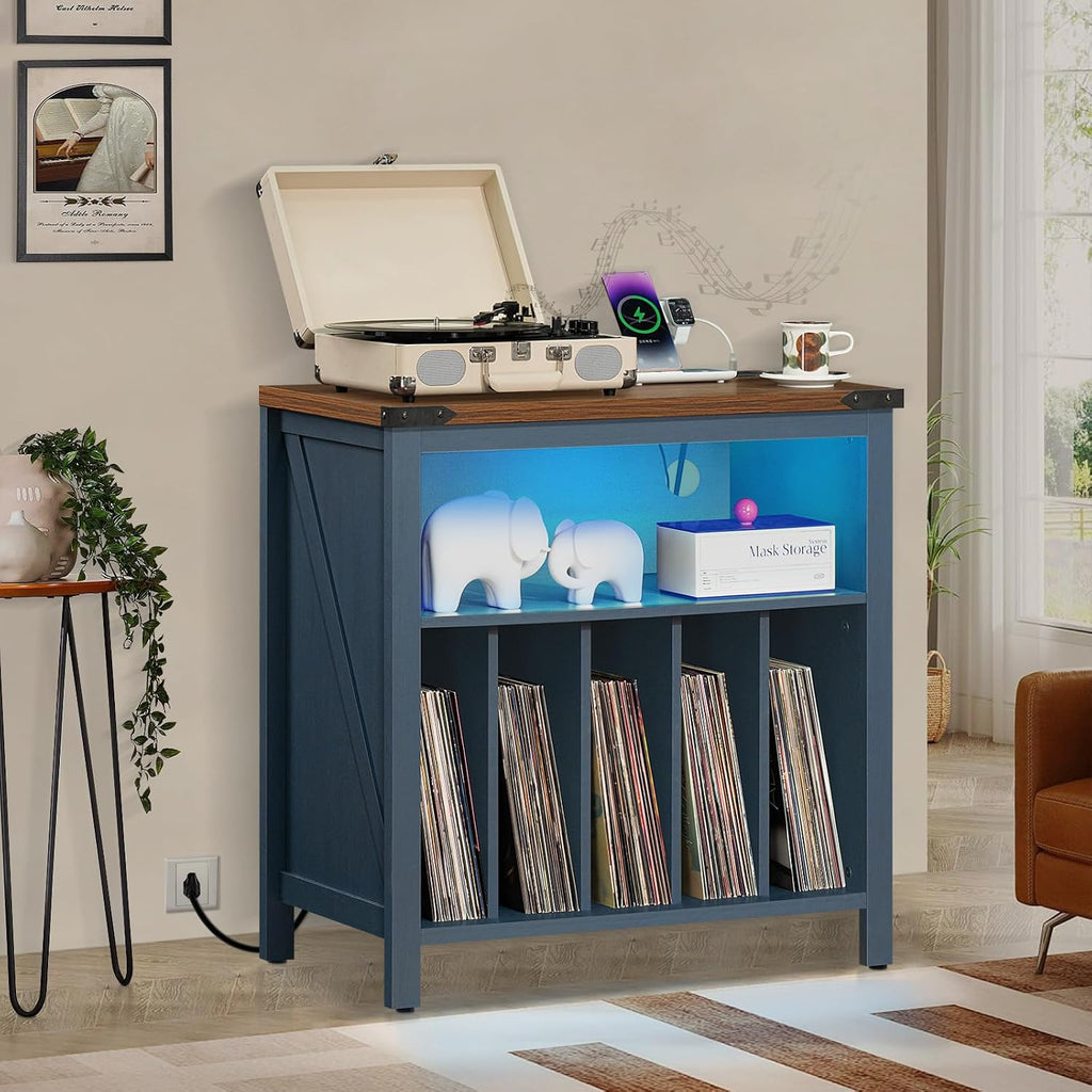 Joaxswe Large Record Player Table with Charging Station & LED Lights, Blue Vinyl Record Storage Cabinet Holds up to 230 Albums, Turntable Stand with Display Shelf for Music Room Bedroom Living Room