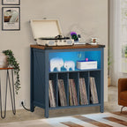 Joaxswe Large Record Player Table with Charging Station & LED Lights, Blue Vinyl Record Storage Cabinet Holds up to 230 Albums, Turntable Stand with Display Shelf for Music Room Bedroom Living Room
